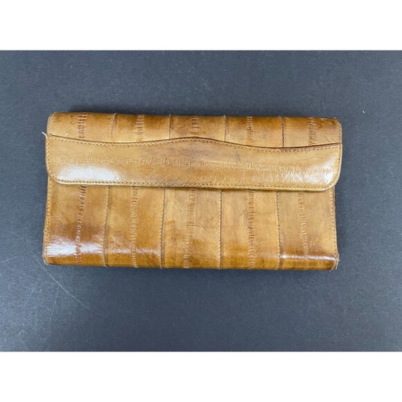 Genuine Eel Skin Wallet Clutch Checkbook Pen Holder Tan Card Slots Lightweight - Picture 1 of 16